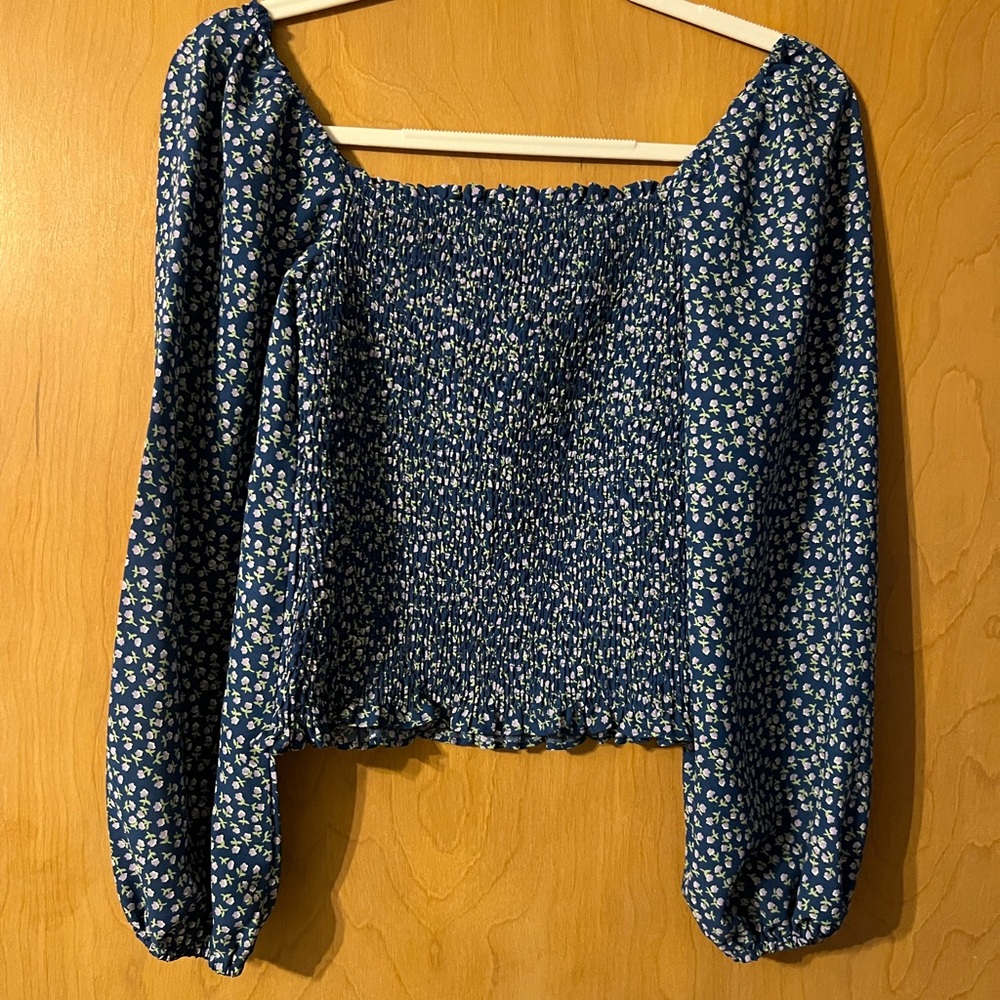Floral Blue Smocked Women's Top